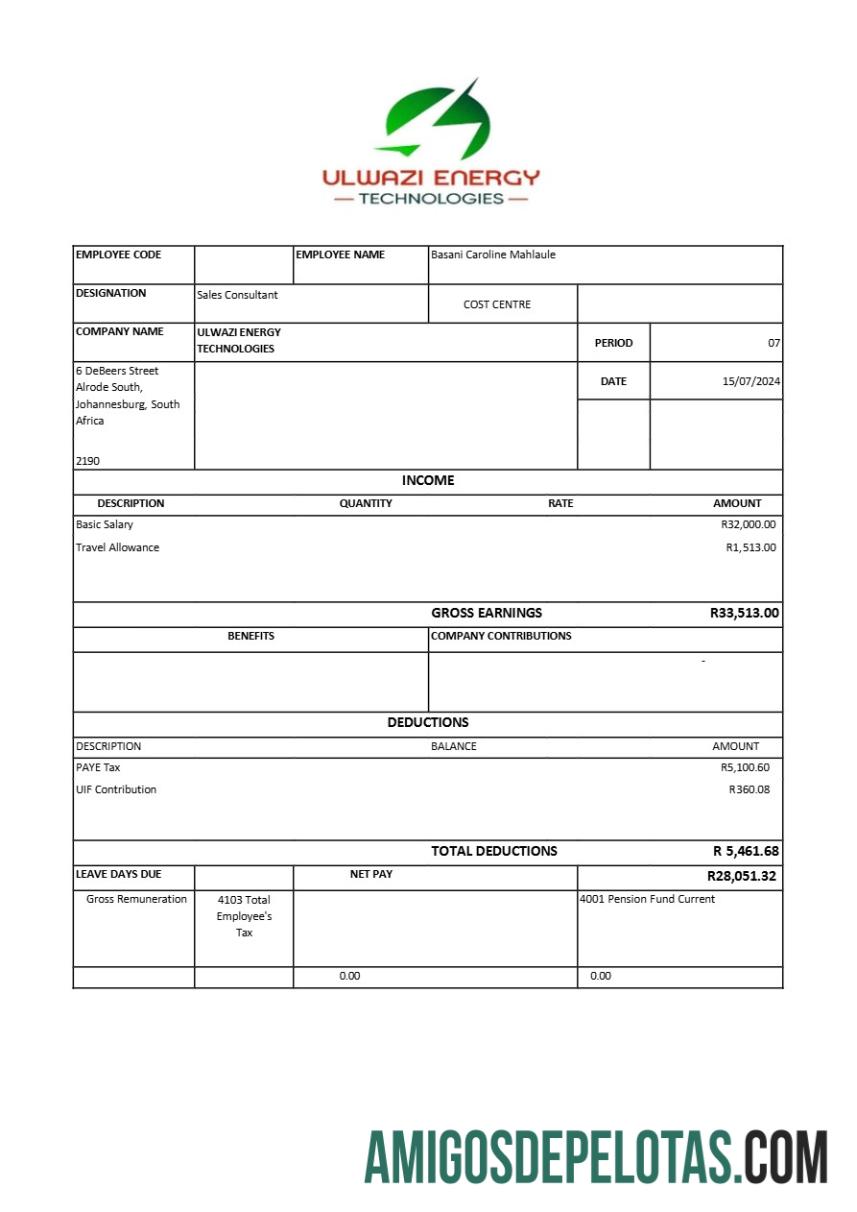 Realista Modelo de recibo de pagamento da Ulwazi Energy Technologies em formatos Word e PDF.pdf, 1